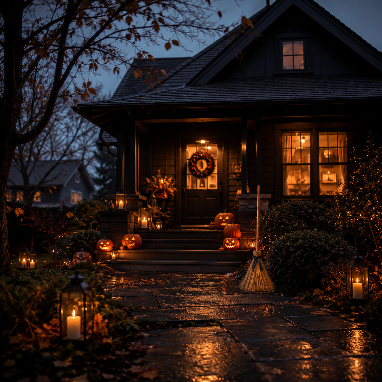 Dusk. 6:42pm. Porch light on.