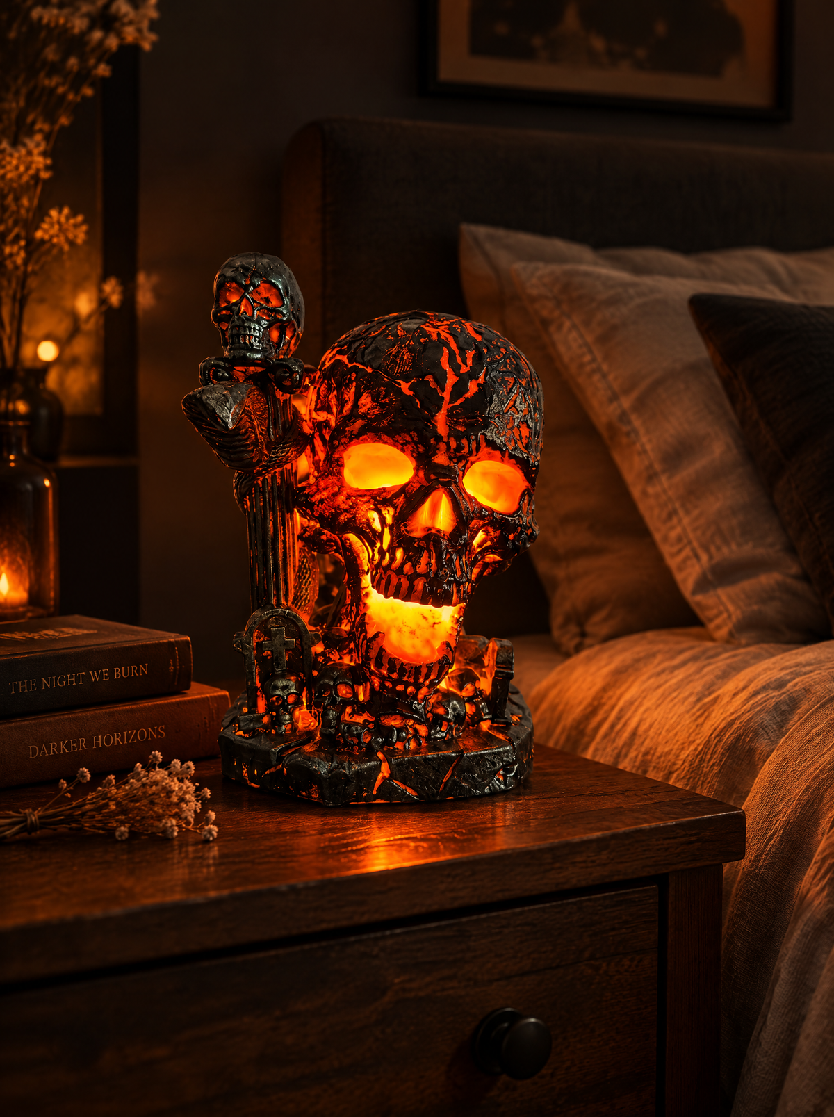 Ember Skull lamp glowing on a bedroom nightstand at night
