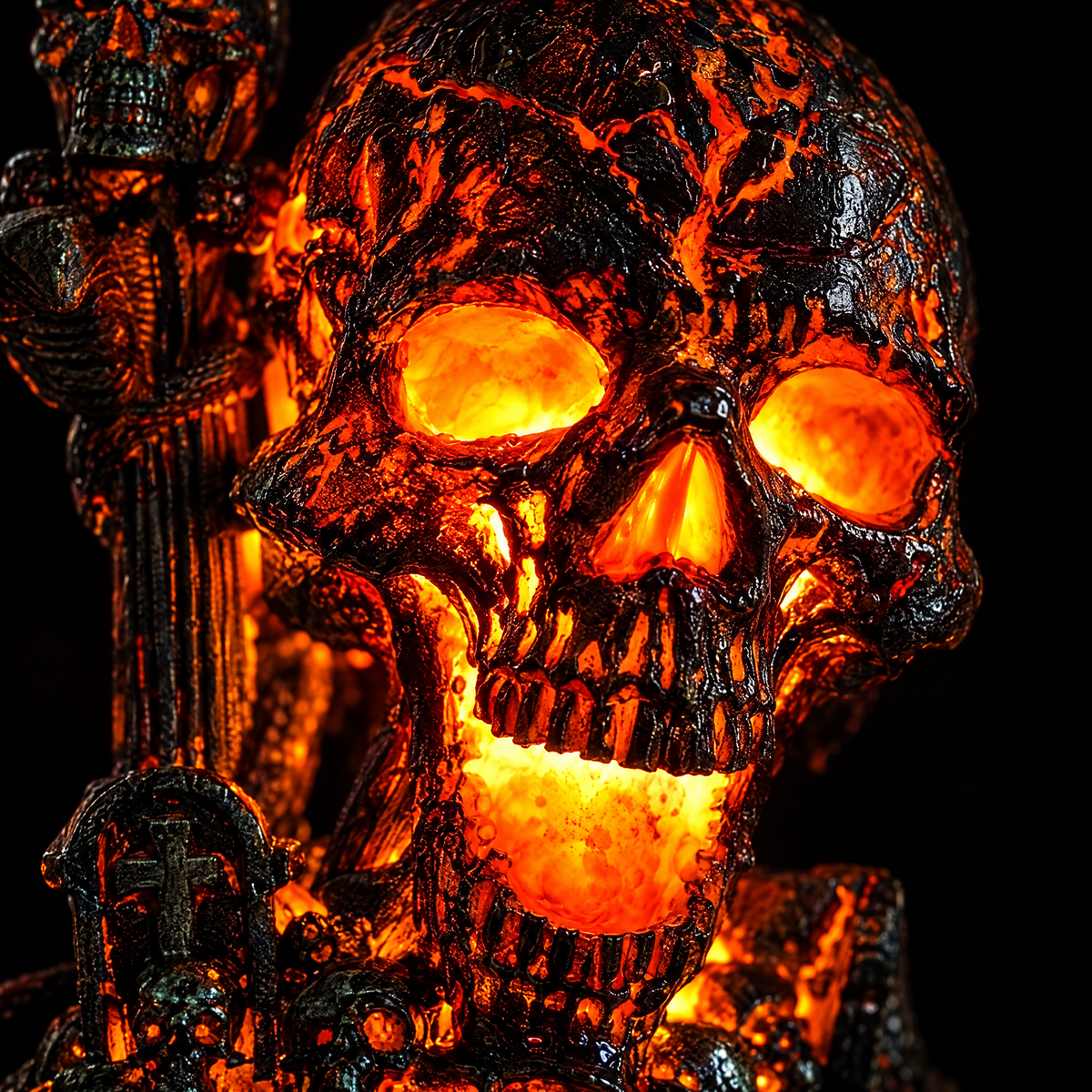 Close-up of the Ember Skull lamp with warm glowing eye sockets