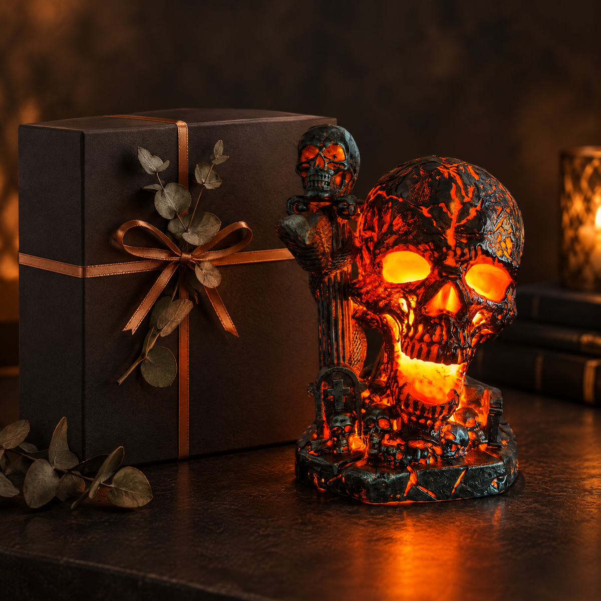 Ember Skull lamp styled as a premium gift with charcoal box and copper ribbon