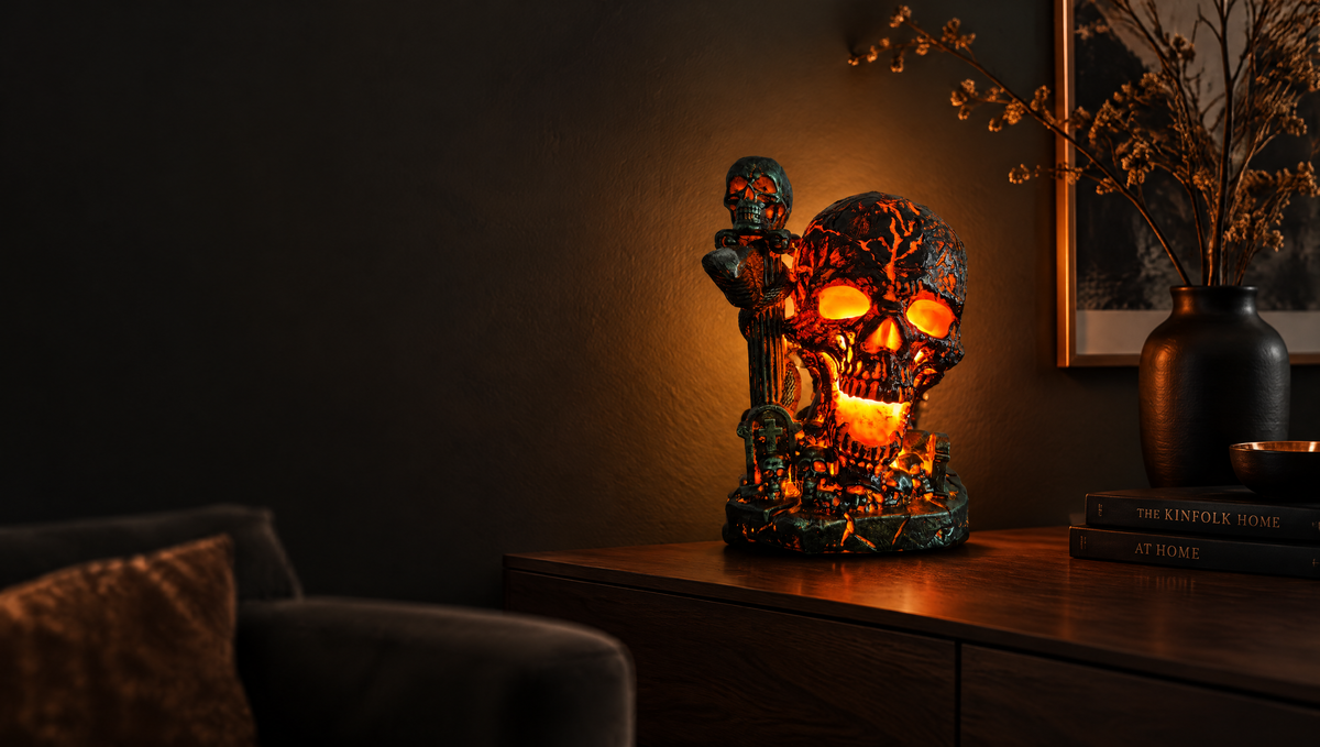 Ember Skull lamp glowing warm amber in a dark modern living room