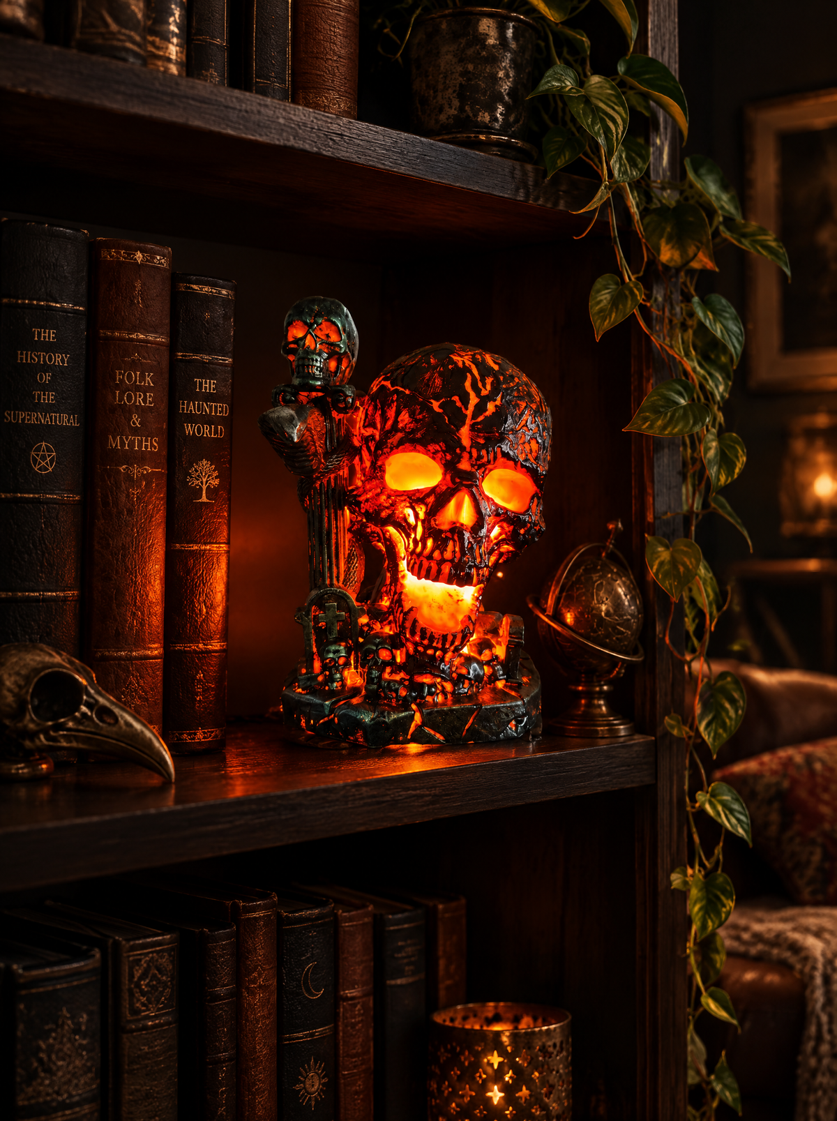 Ember Skull lamp glowing on a dark bookshelf reading corner